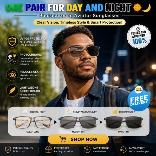Photochromic Aviator Sunglasses 😎☀️🌙: Clear Vision, Timeless Style & Smart Protection! (New)