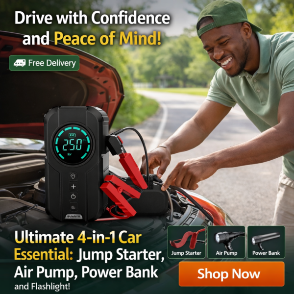 🔥 4-in-1 Car Rescue Kit – Jump Start, Inflate Tyres, Charge Phones & Light the Way